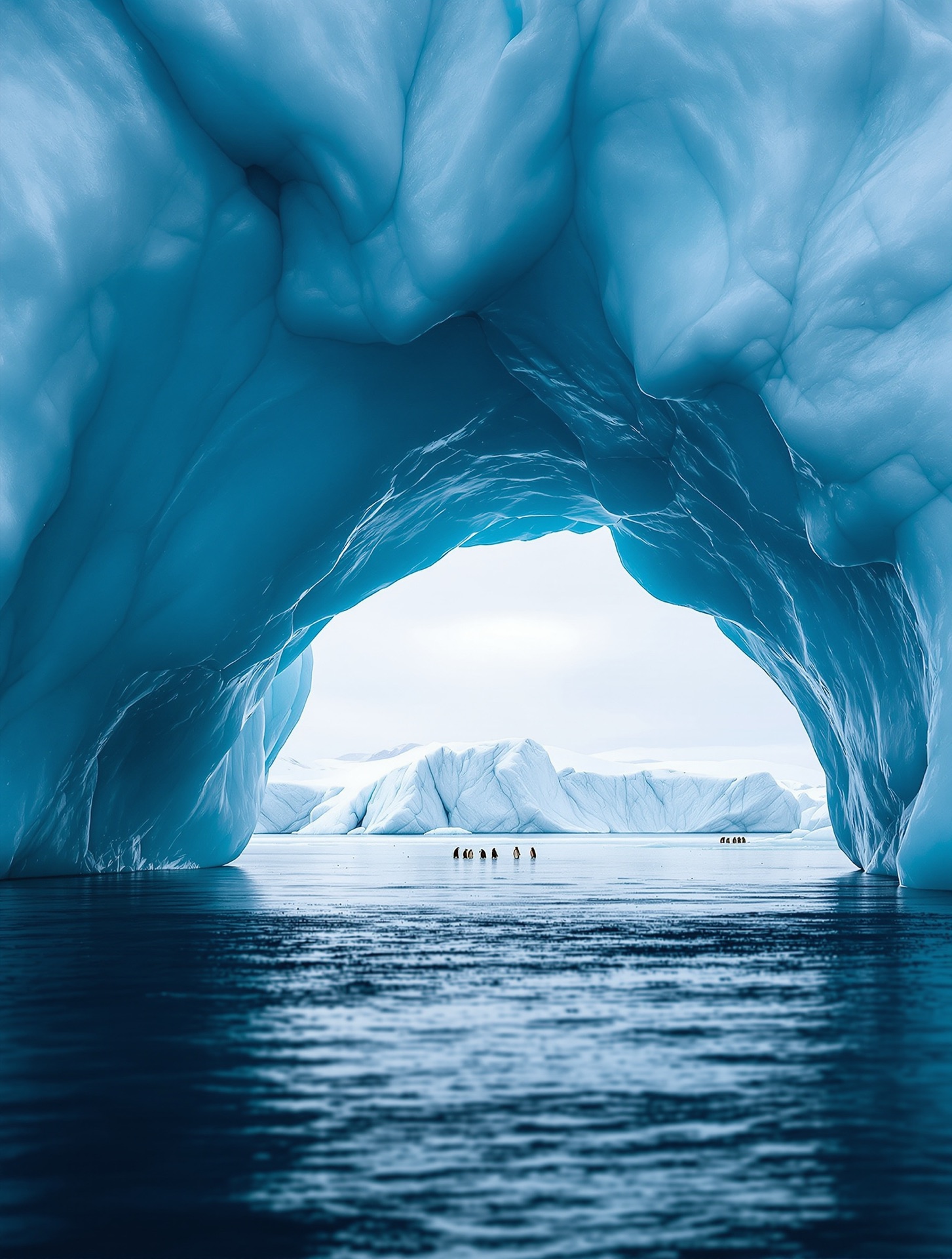 Iceberg arch framing the Antarctic sea and distant penguins