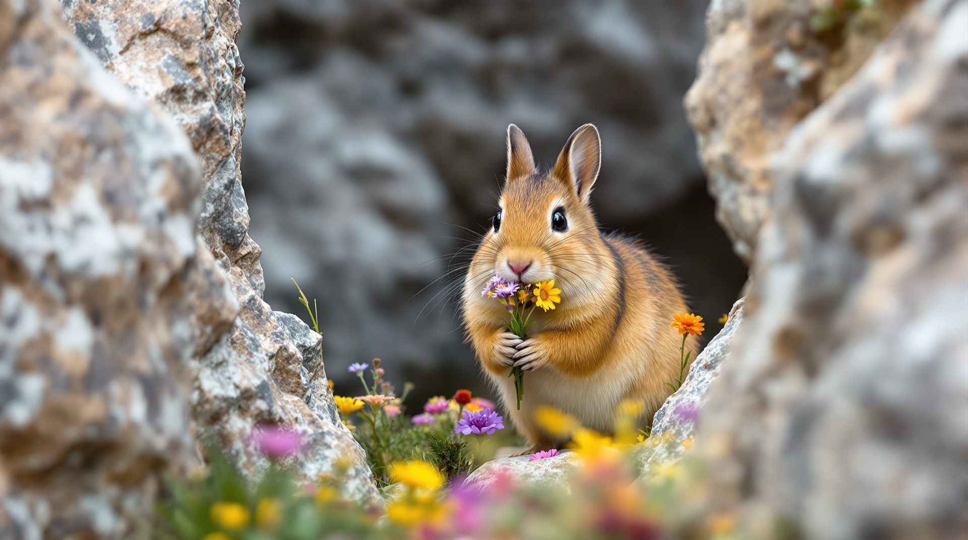 American pika between granite rocks carrying a mouthful of wildflowers