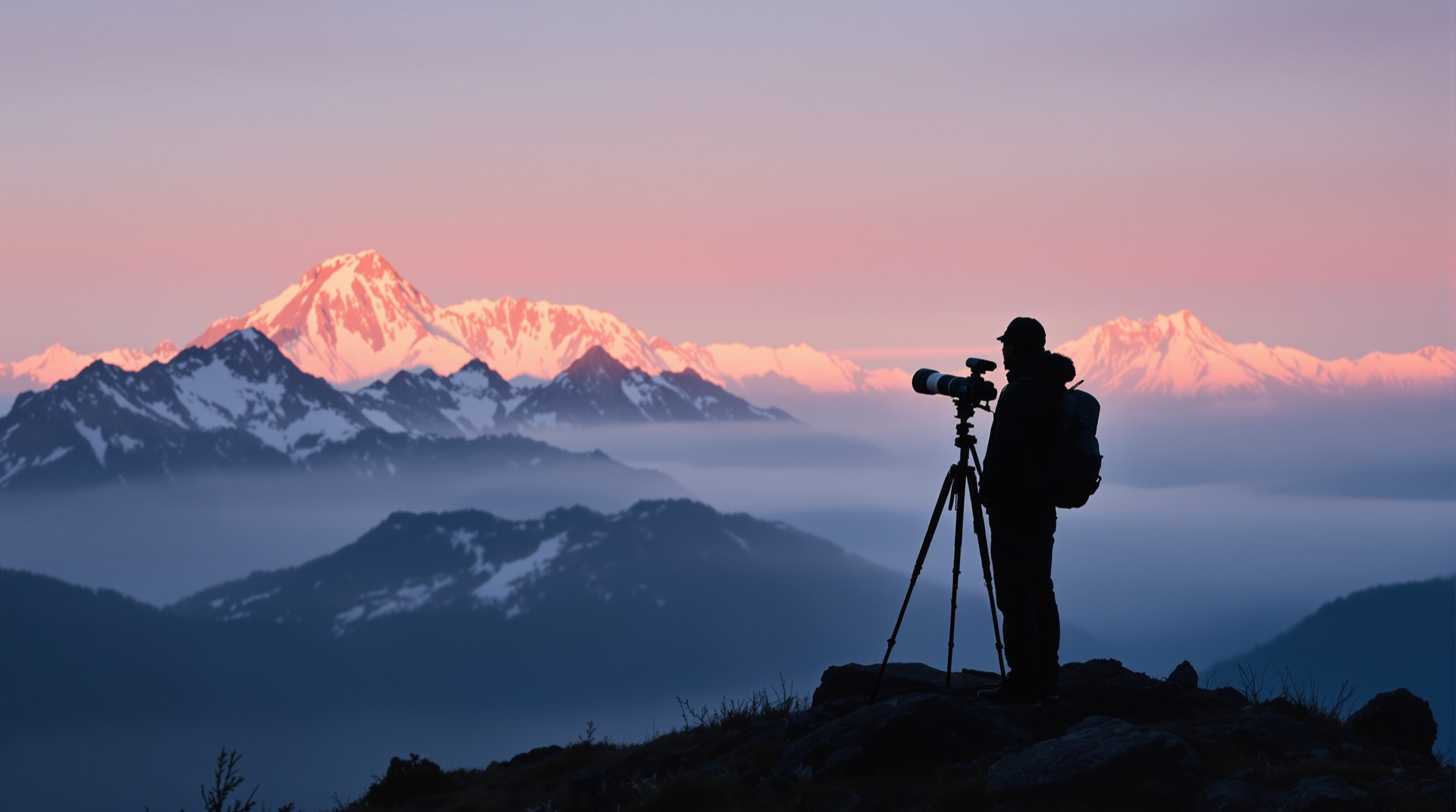 Silhouette of a wildlife photographer with a long telephoto lens on a misty mountain ridge at dawn