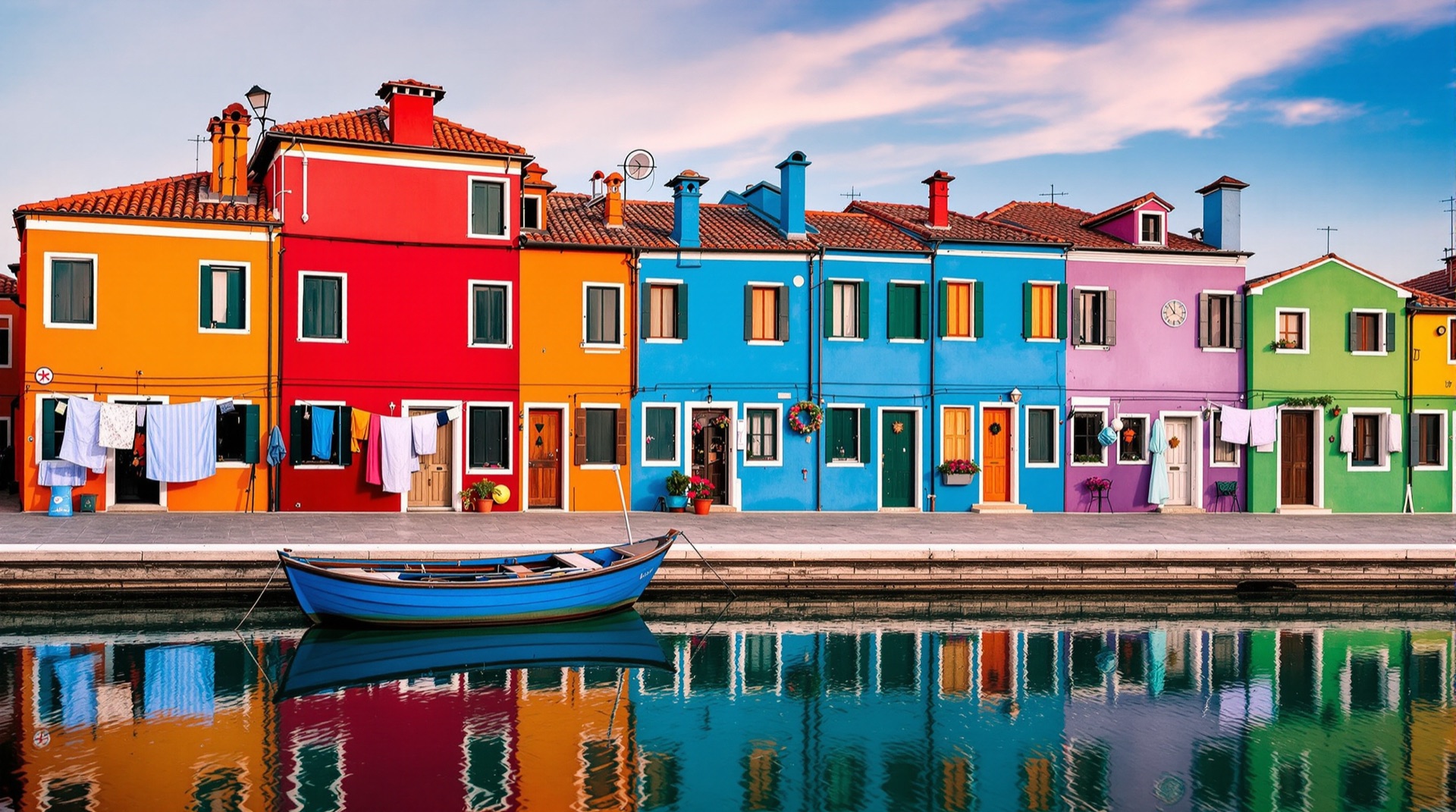 Colorful houses of Burano reflected in a still canal at dawn