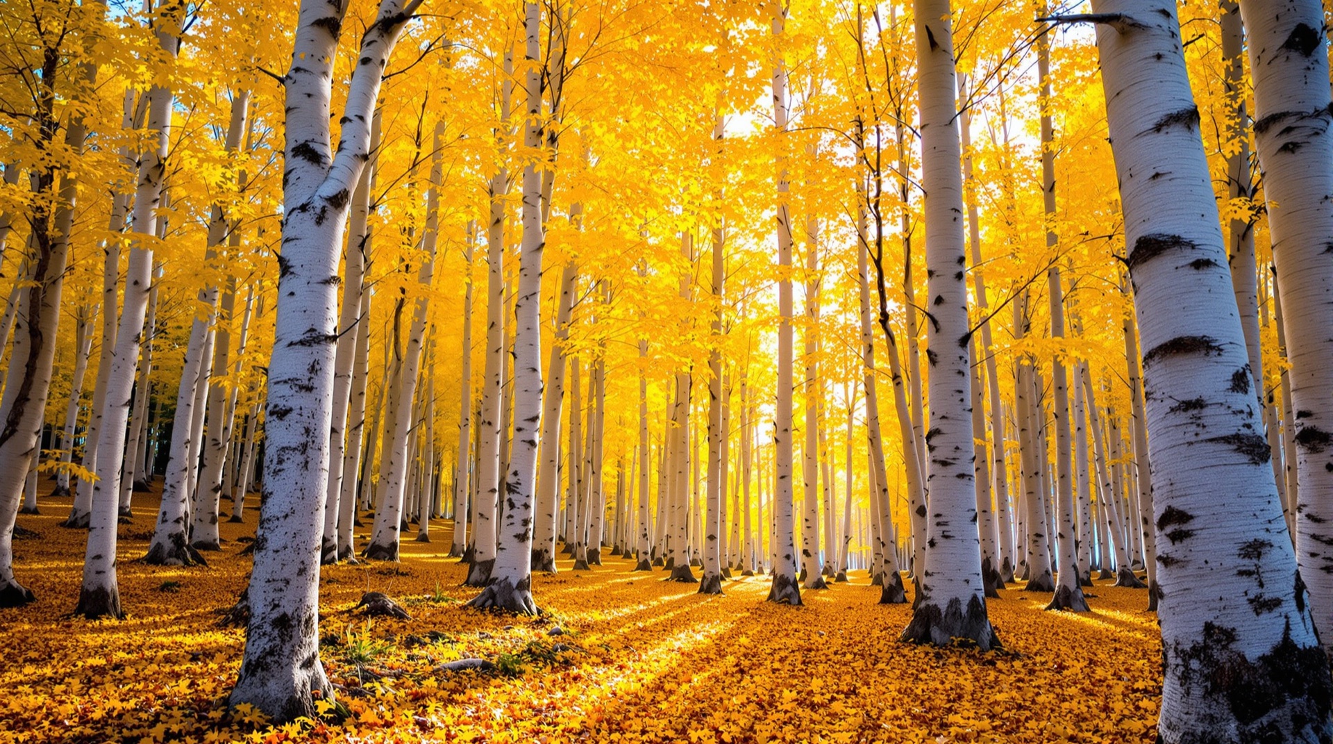 White aspen trunks beneath glowing golden autumn canopy in Colorado