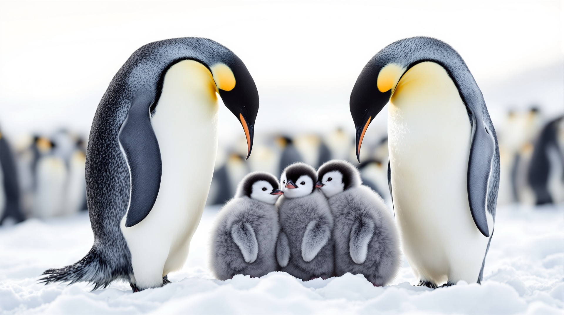 Two emperor penguin adults watching over three chicks on the ice