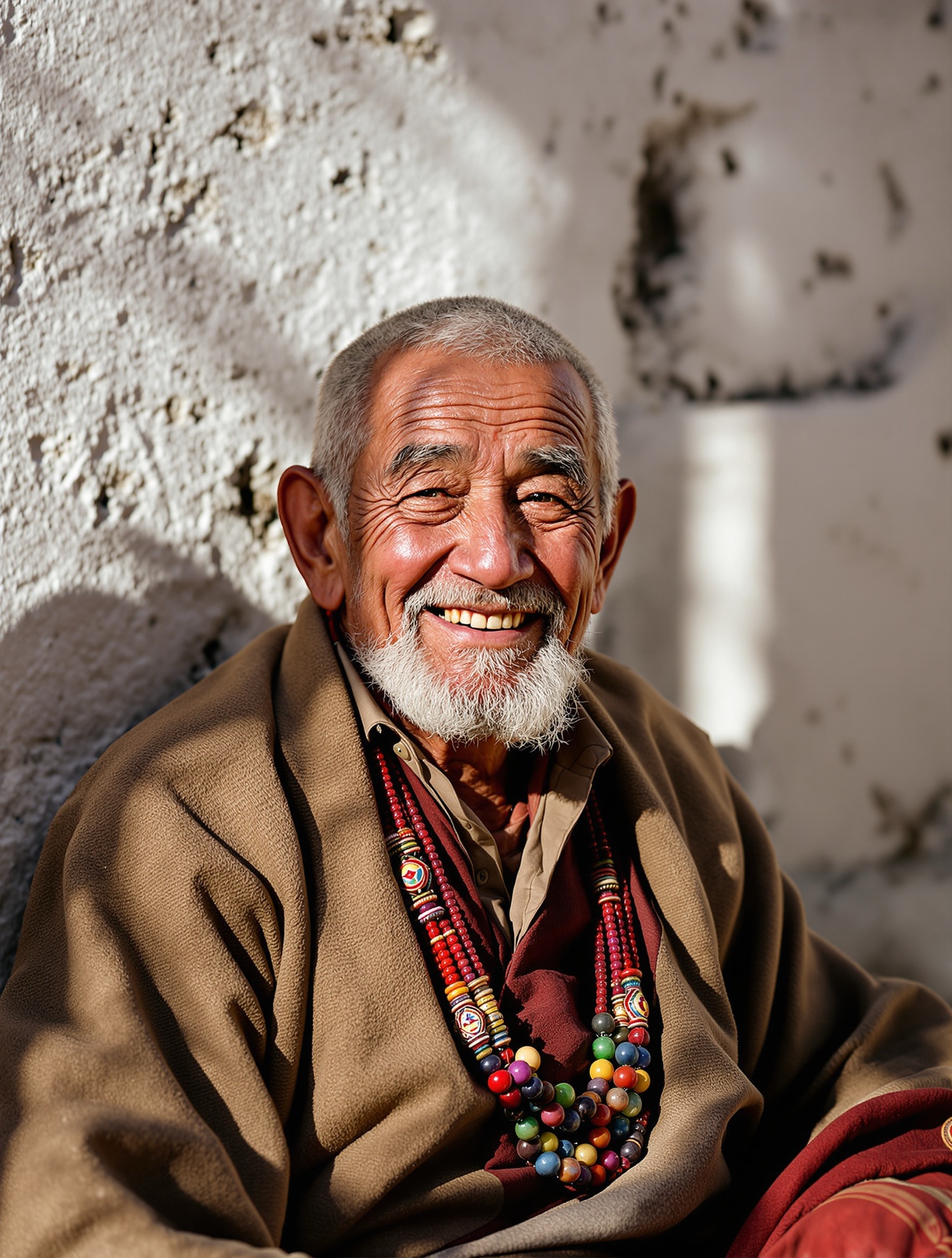 Portrait of a Tibetan elder with prayer beads against a whitewashed wall