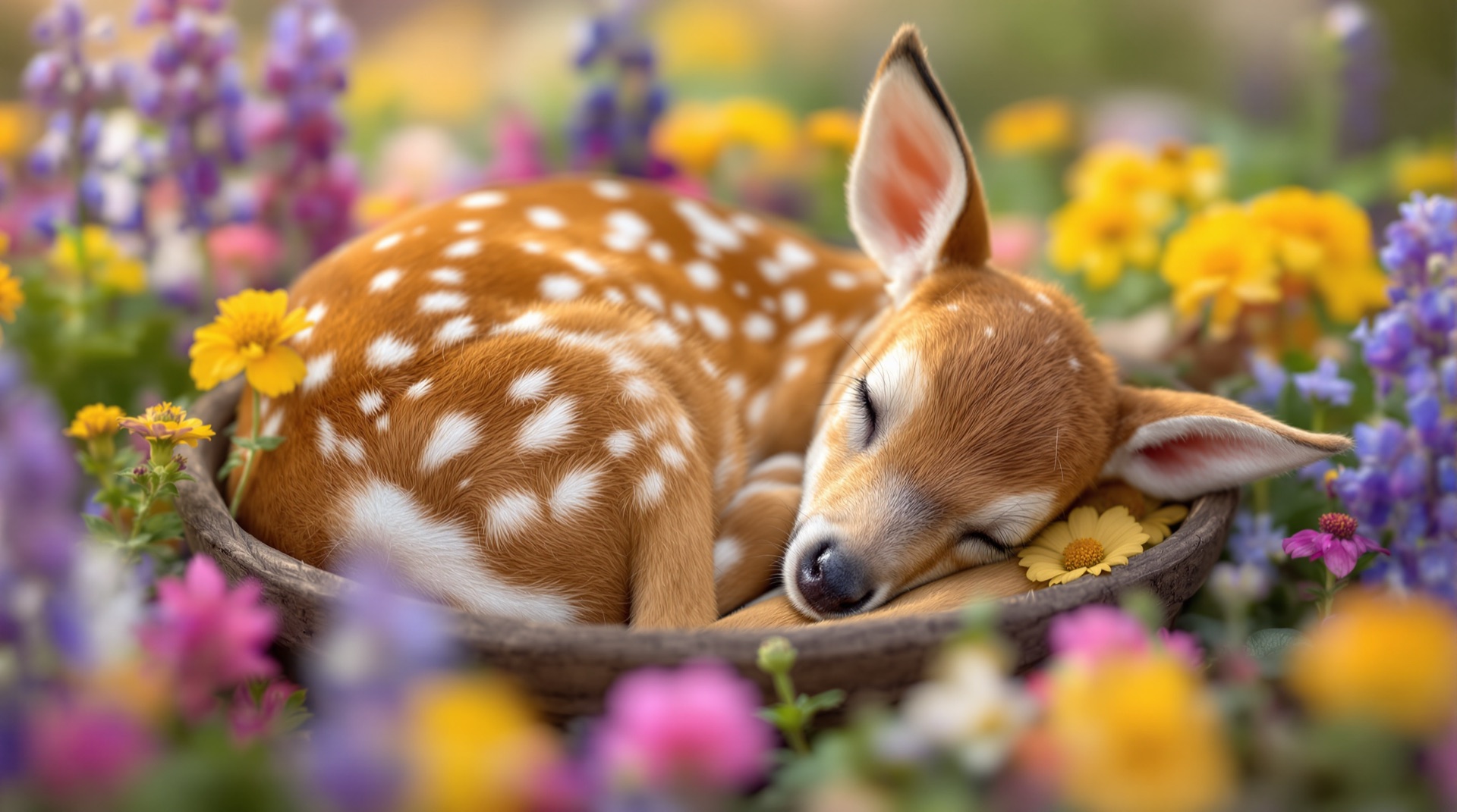 Spotted whitetail fawn curled asleep among June wildflowers