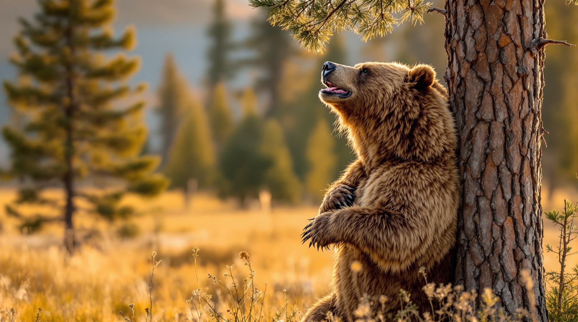 Grizzly bear scratching his back against a pine tree with eyes closed