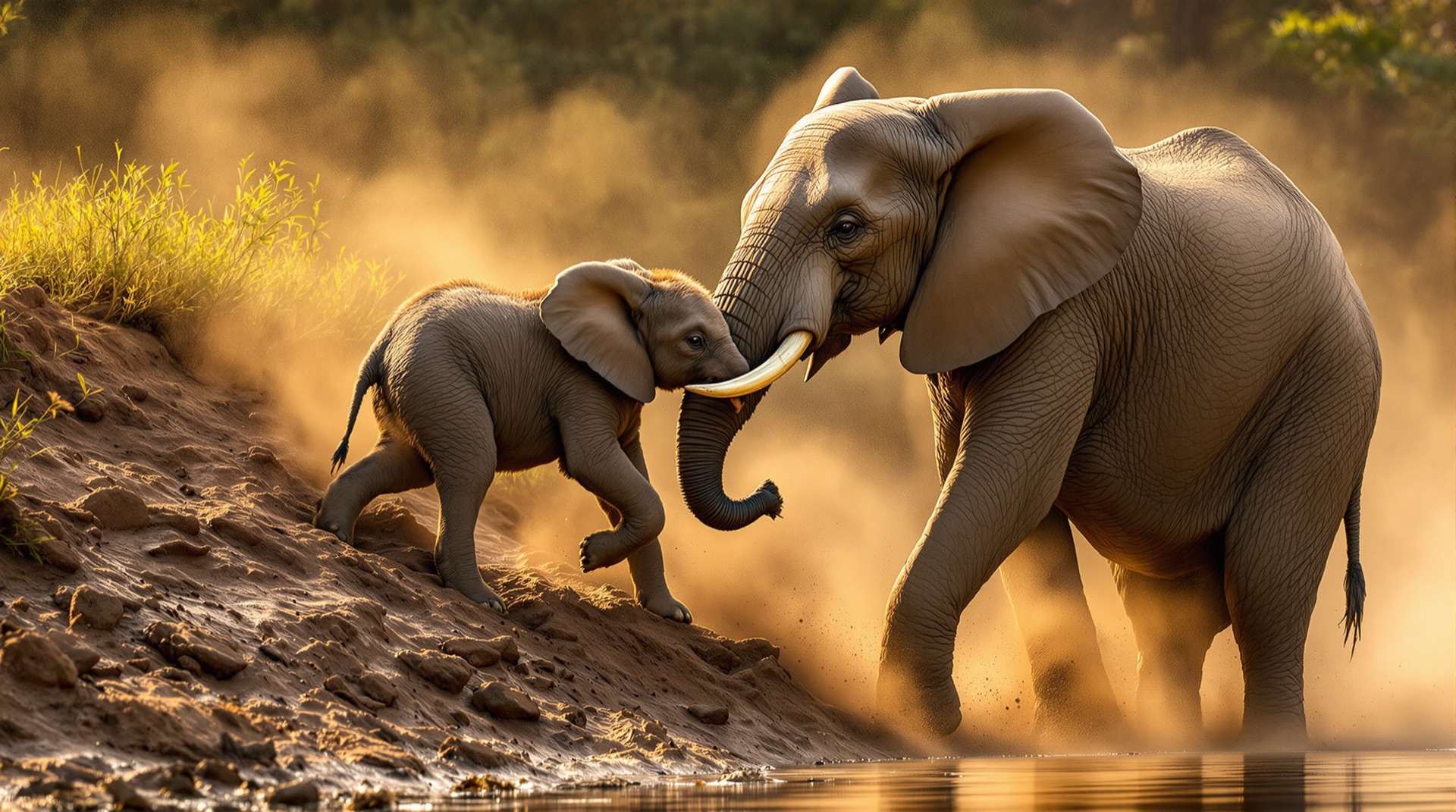 Elephant mother boosting her calf up a muddy riverbank with her trunk