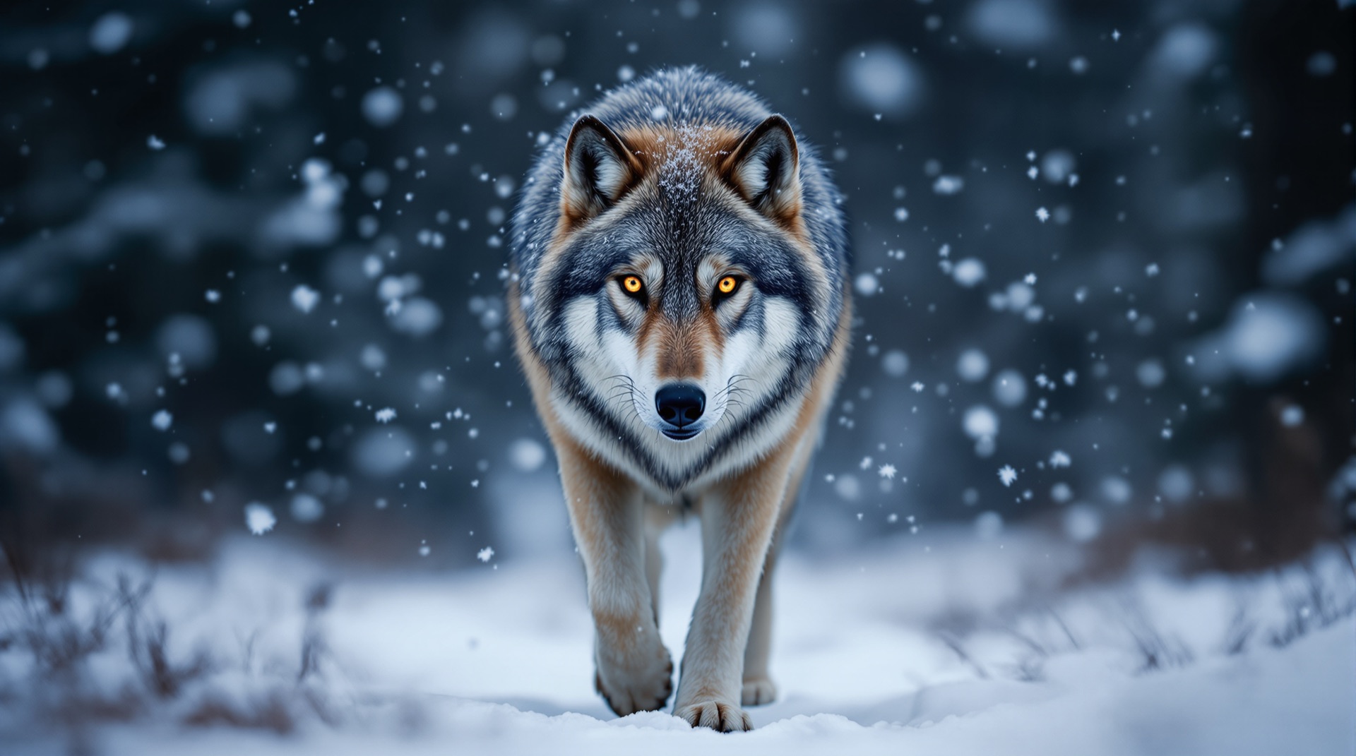Gray wolf walking toward the camera through falling snow in a winter forest