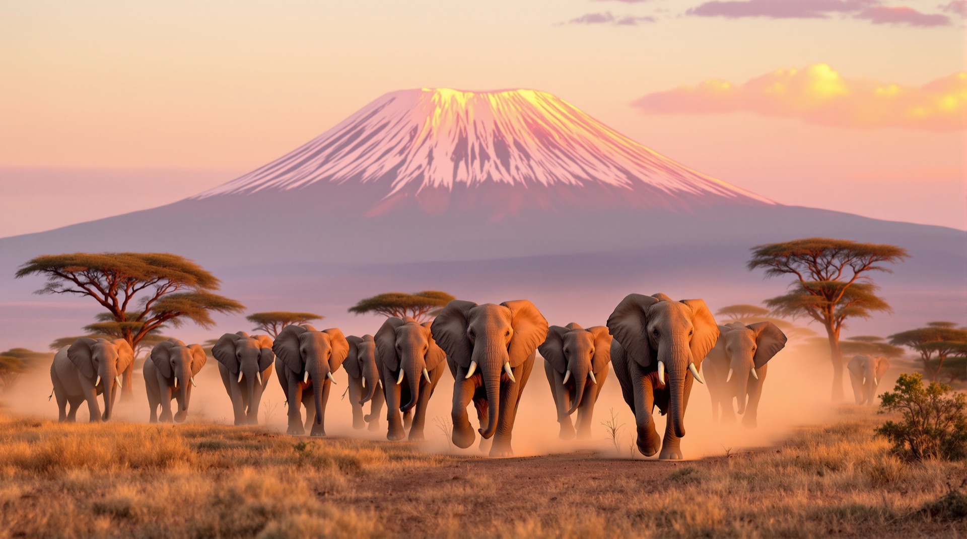 Elephants crossing the Amboseli plain at sunrise beneath Mount Kilimanjaro