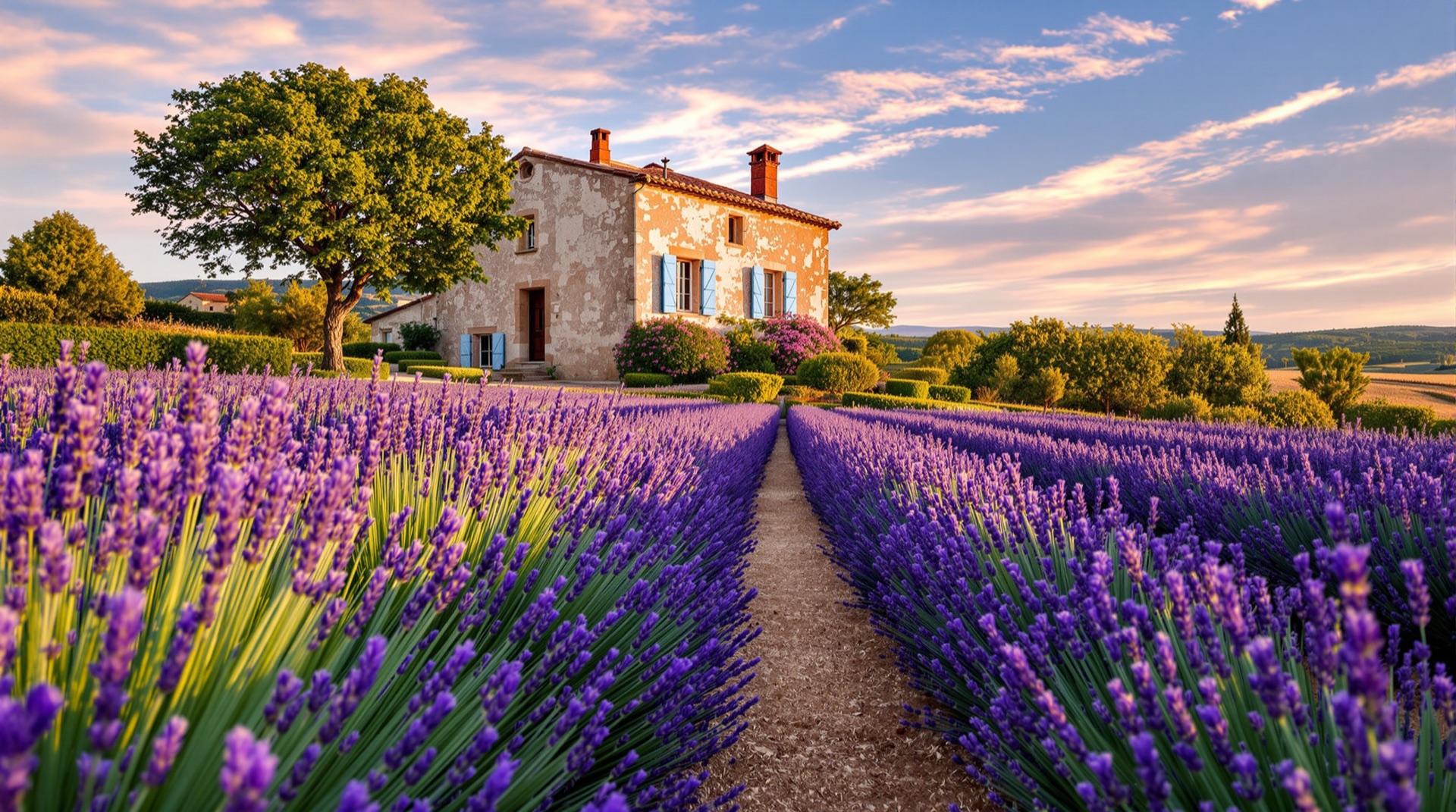Stone villa in Provence behind rows of blooming lavender at golden hour
