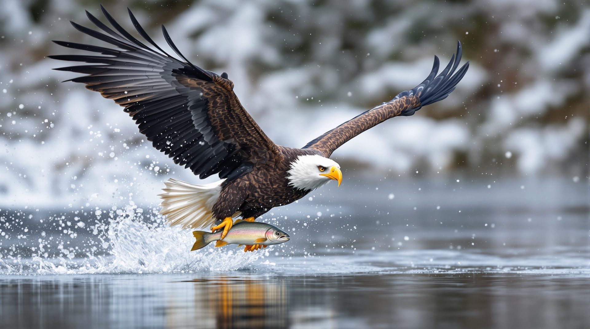 Bald eagle flying low over the river with a trout in its talons