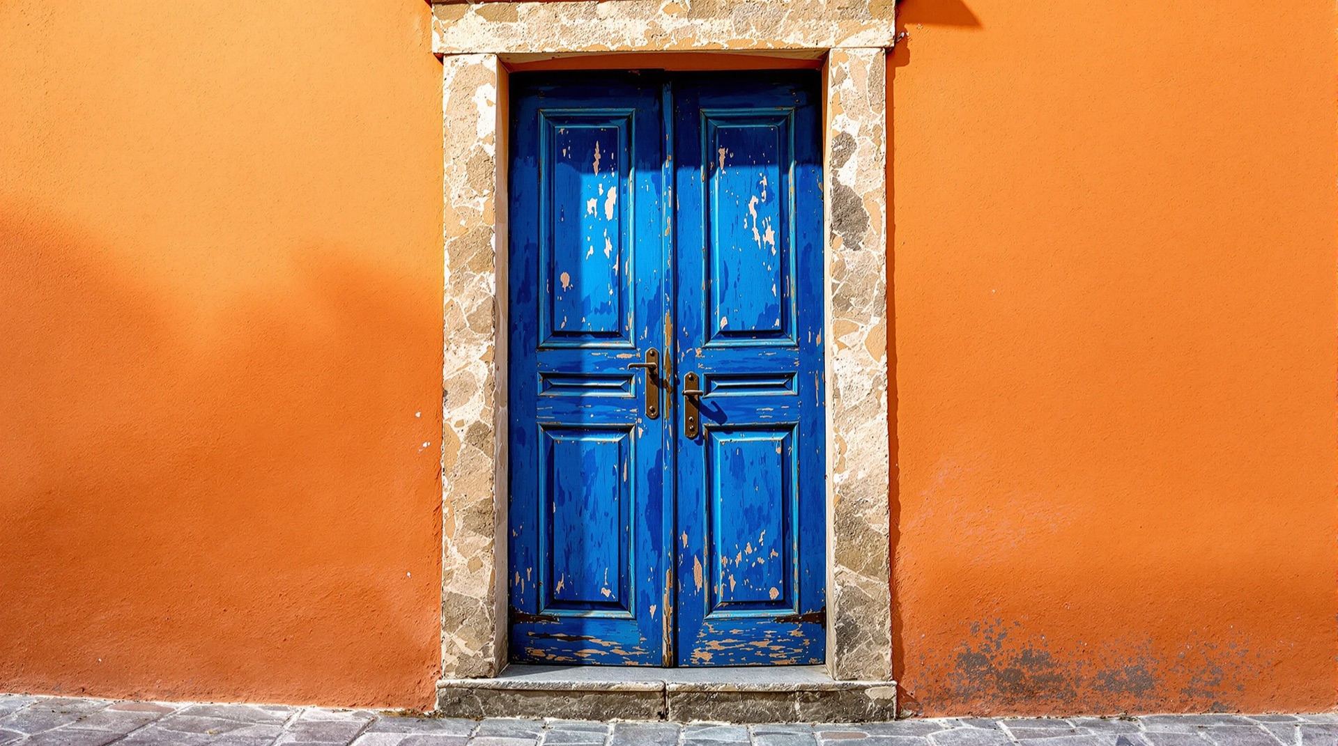 Weathered cobalt blue door in an ochre colonial wall in San Miguel de Allende