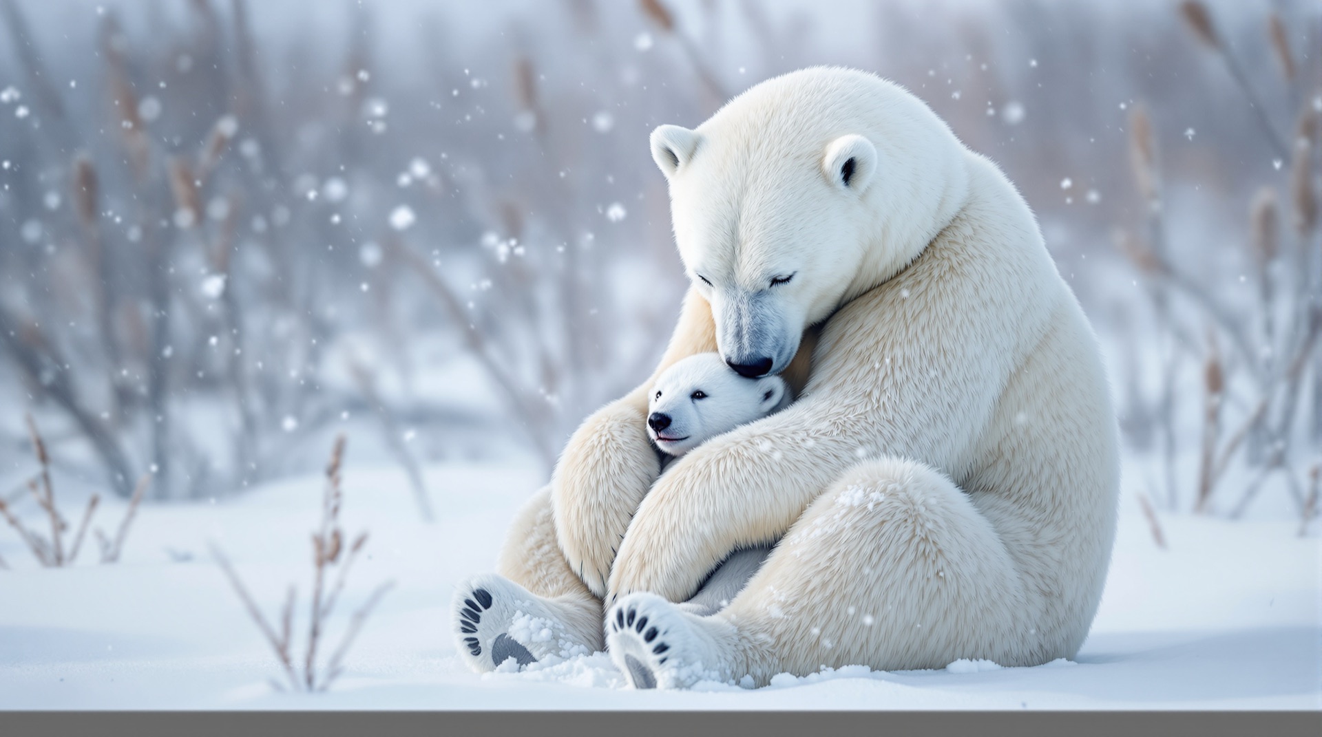 Polar bear mother folding her cub into her chest during a blizzard