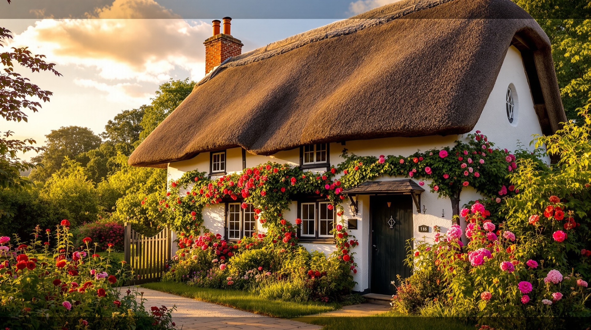 Thatched Rectory Cottage with roses around the door in evening light