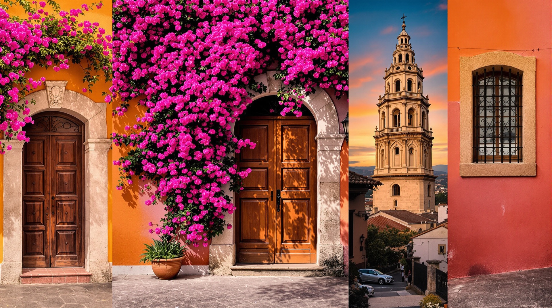 Collage of San Miguel de Allende doorways, walls, bougainvillea and bell towers