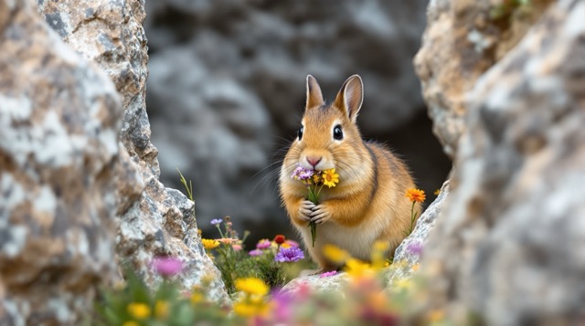 American pika between granite rocks carrying a mouthful of wildflowers