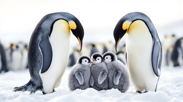 Two emperor penguin adults watching over three chicks on Antarctic ice