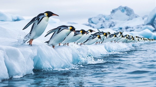 Adélie penguins diving off the ice edge while the last one hesitates