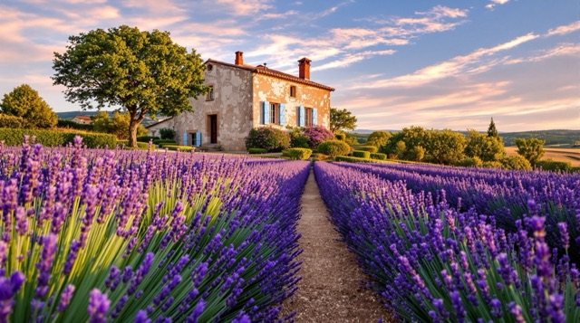 Stone villa in Provence behind rows of blooming lavender at golden hour