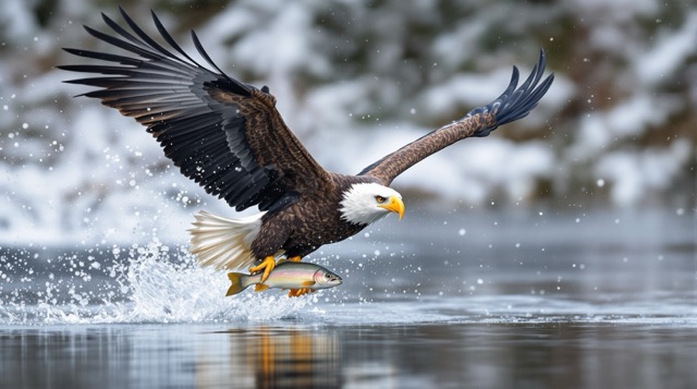 Bald eagle flying low over the river with a trout in its talons