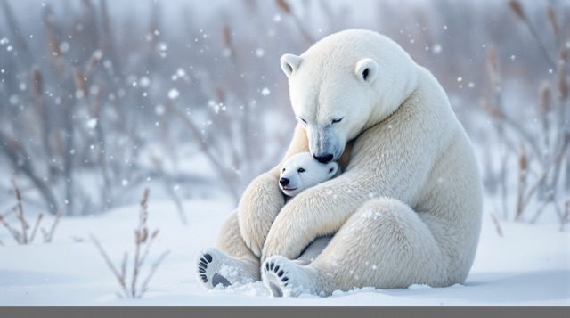 Polar bear mother folding her cub into her chest during a blizzard