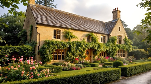 Old stone vicarage in the Cotswolds with rose-filled cottage garden after rain