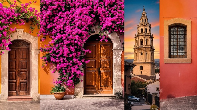 Collage of San Miguel de Allende doorways, walls, bougainvillea and bell towers