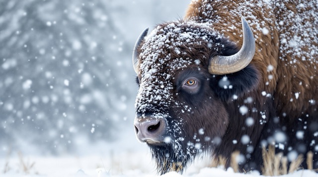 Bull bison caked in snow grazing through a Yellowstone blizzard